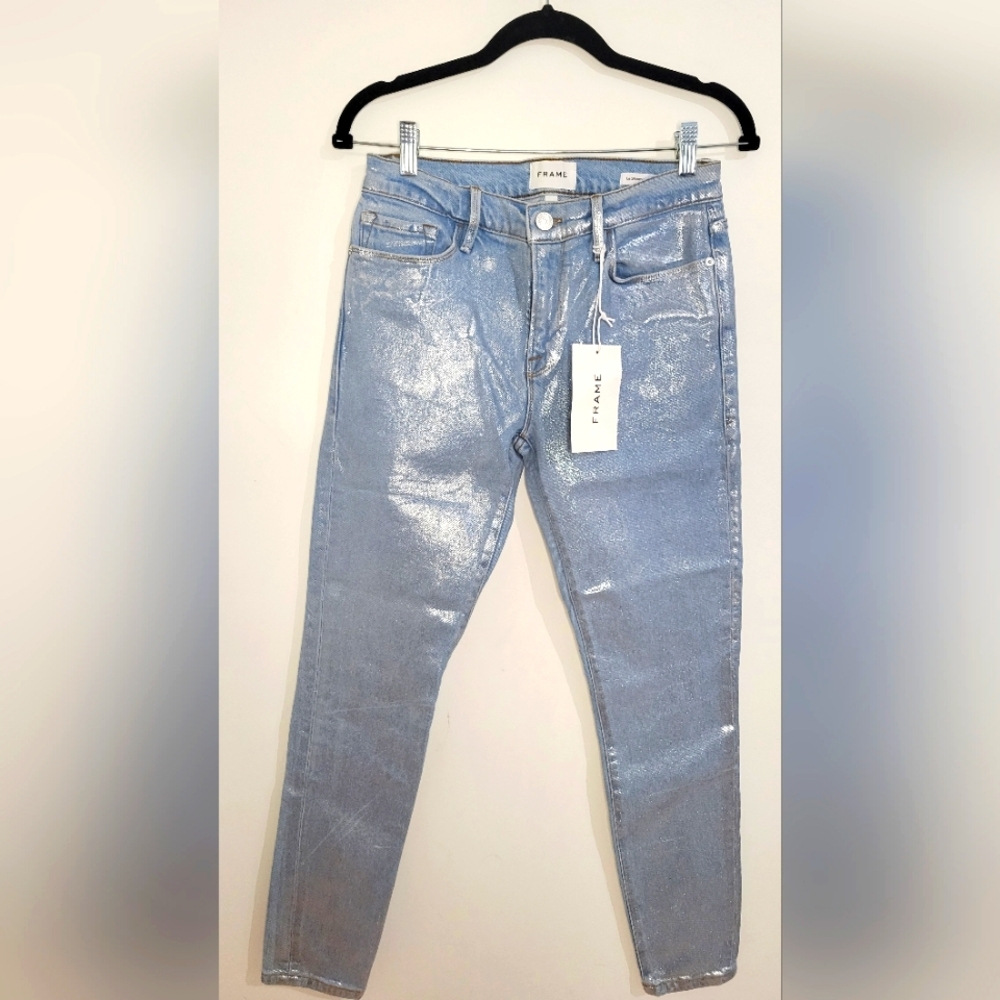 FRAME Le Skinny De Jeanne, Metallic Silver/Light Blue, Size 27